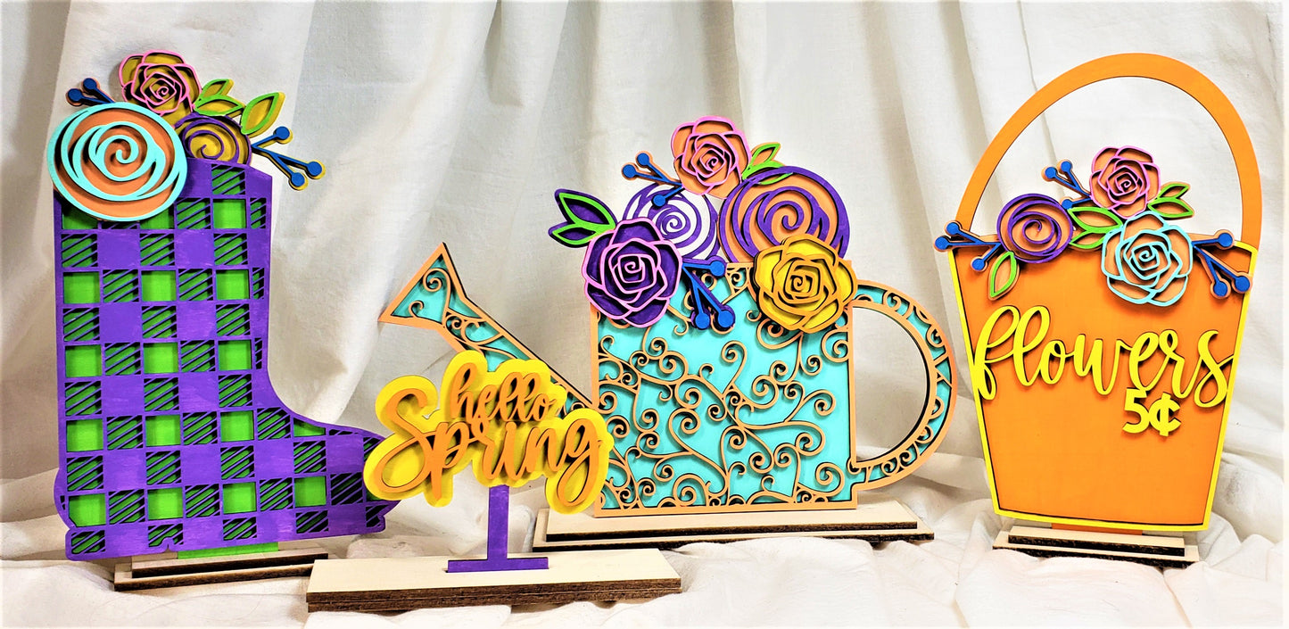 Spring Wood Display - Boot, Watering Can, Pail, and Sign
