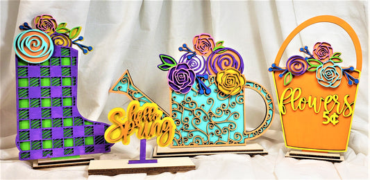 Spring Wood Display - Boot, Watering Can, Pail, and Sign