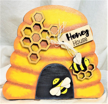 Beehive Set with Bees, Honeycomb and Sign