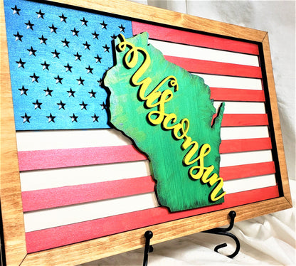 State of Wisconsin - American Flag Wood Sign